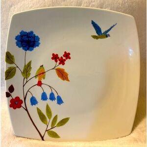 222 Fifth Bird Delight White Porcelain Square Dinner Plate 10”